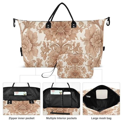 Travel Duffel Bags for Unisex-Adult, Personal Item Travel Duffel Bag with Shoes Compartment, Carry On Bag for Women, Travel, Gym, Weekend,Pattern Brown Lace2