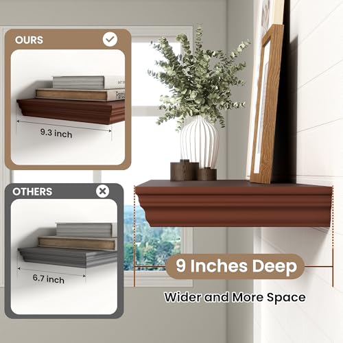 Image of 55 Inch Floating Shelves for Wall, 9.3 inch Deep Crown Molding Wood Display Shelf with Heavy Duty Invisible Brackets for Living Room, Bedroom, Bathroom, Kitchen Decor & Storage, Set of 1, Walnut Finish