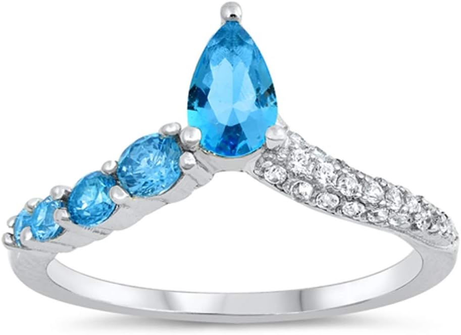 Blue Simulated Topaz Teardrop Pear Chevron Pointed Ring Sterling Silver Band Sizes 5-10