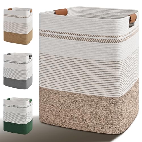 Image of Laundry Hamper, 85L Tall Laundry Basket with Leather Handles, Rectangle Large Clothes Hamper for Organizing, Cotton Woven Laundry Baskets Storage Hampers for Bedroom, Nursery, Living Room