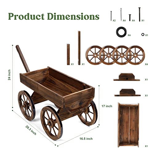 Wooden Planter Outdoor Balcony Decor, Rustic Wooden Flower Cart with Wheels for Outside Garden Decor, Wheelbarrow Planter for Patio