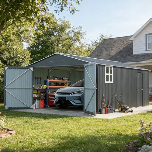 13x20 FT Heavy Duty Metal Carport-Anti-Snow Reinforced Frame & Galvanized Steel Roof,Enclosed Carport,All-Weather Vehicle Shelter for Cars,Trucks,RV (13x20FT+Dark Gray+Metal)