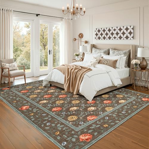 GarveeHome Floral Living Room Rugs, Washable 5x7 Area Rug Vintage Large Soft Boho Non-Slip Carpet Indoor Floor Stain Resistant Carpets for Bedroom Dining Room Farmhouse Nursery, Brown GarveeHome Floral Living Room Rugs, Washable 5x7 Area Rug Vintage Large Soft Boho Non-Slip Carpet Indoor Floor Stain Resistant Carpets for Bedroom Dining Room Farmhouse Nursery, Brown - Image 3