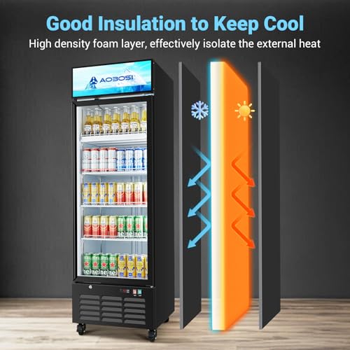 Image of AAOBOSI Commercial Merchandiser Refrigerator,17.1 Cu.Ft Glass Door Display Refrigerator,Upright Beverage Cooler Fridge with Soft LED Light, Customizable Lightbox,Universal Casters,Adjustable Shelves