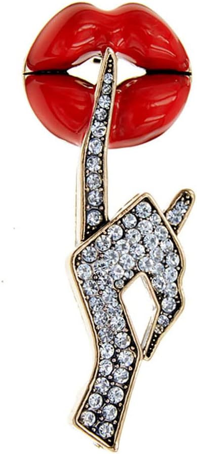 Sexy Red Lips Brooch Rhinestone Quiet Gestures Statement Brooches Lapel Pins Elegant Dress Accessories Suit Tie Art Deco Fashion Imitation Cubic Zirconia Jewelry Lover Gift for Women Girls