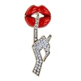 Sexy Red Lips Brooch Rhinestone Quiet Gestures Statement Brooches Lapel Pins Elegant Dress Accessories Suit Tie Art Deco Fashion Imitation Cubic Zirconia Jewelry Lover Gift for Women Girls