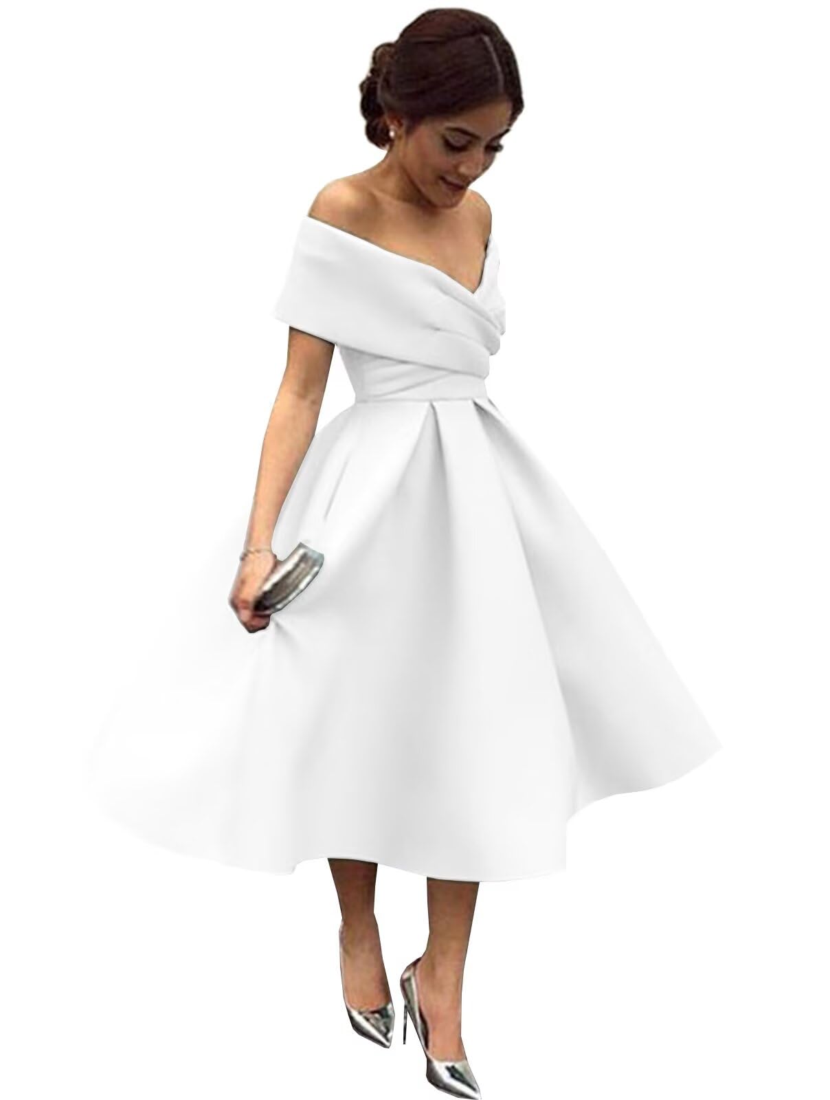 POMUYOO Women's Off The Shoulder Short Homecoming Dress Satin Simple Bridesmaid Prom Gown with Pockets GMYG204