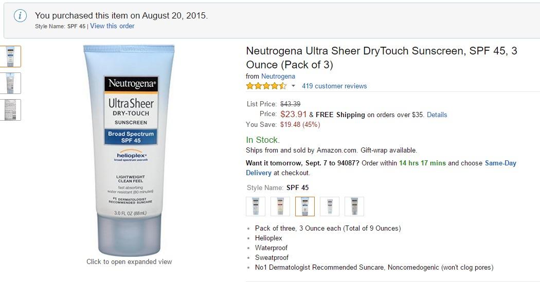 Kenvue Neutrogena Ultra Sheer Dry-Touch Sunscreen For Face & Body, SPF 45 Broad Spectrum UVA/UVB Protection, Lightweight Water Resistant & Non-Greasy, Travel Size Sunscreen, 3 fl. oz Pack of 3