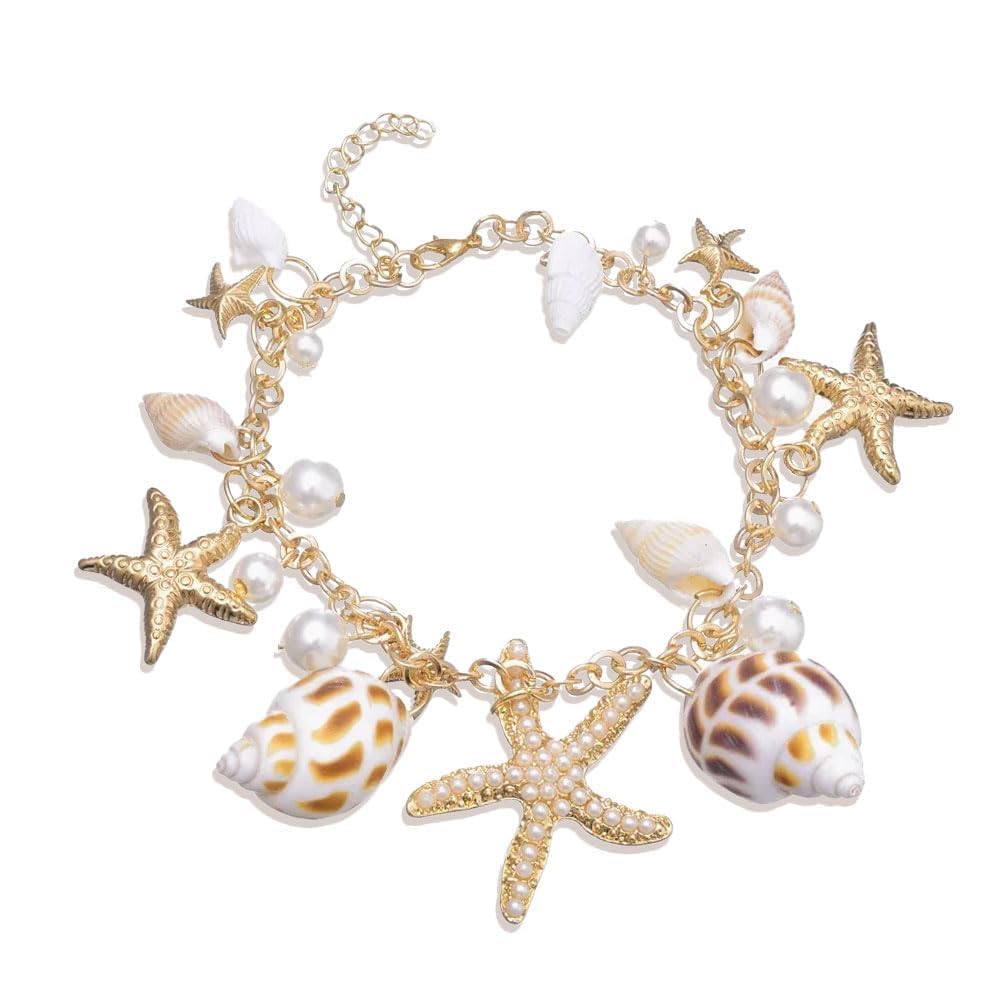 Sea Shell Starfish Bracelets,Bohemian Sea Themed Beach Jewelry Adjustable Gold-Tone Wrist Chain Mermaid Starfish Bracelet for Women and Girls-image-10
