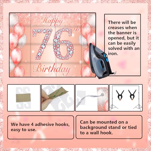 Image of Happy 76th Birthday Rose Gold Banner Cheers to 76 Years Old Backdrop Confetti Balloons Theme Decor for Women 76 Years Old Pink Birthday Party Decorations Bday Supplies Background Favors Gift Glitter