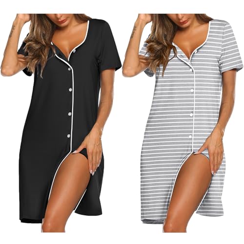 Image of Ekouaer Nightgowns for Women 2 Pack Button Down Sleepshirt Short Sleeve Nightshirt Soft Sleepwear V Neck Pajama Dress
