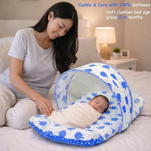 Image of Fareto Combo of Baby Nest | Net with Bed | Carry Bag | 4 Pcs Bedding Set(0-6 Months) (Fullset Nest) (Ele Blue)