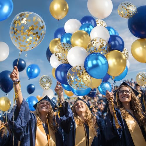 Image of Navy Blue and Gold Confetti Balloons - 50pcs 12 Inch Metallic Blue Gold Matte White Latex Balloons with 33 Feet String for Birthday Wedding Gender Reveal Party Decorations