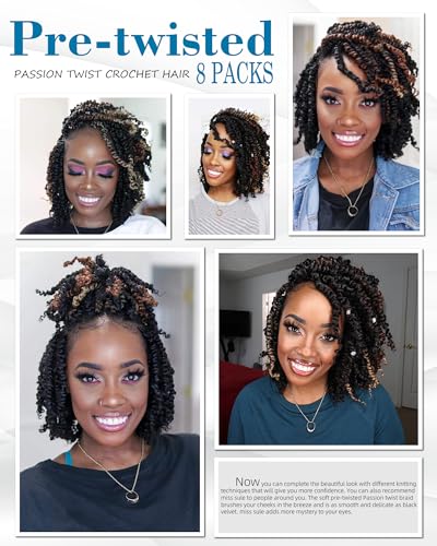 Passion Twist Crochet Hair-Mixed Color Combo Pack(6 packs 1B+1 pack T1B/27+1 pack T1B/30),Pre-twisted Pre Looped Short Synthetic Braided Hair Extensions For Black Women and Kid(6"-8 Packs,1B+T27+T30)