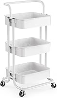 Pipishell 3-Tier Rolling Metal Utility Cart with Lockable Wheels & Handle - Spacious Organizer for Kitchen, Office, Living Room, White 13.1x16.45x33.25"