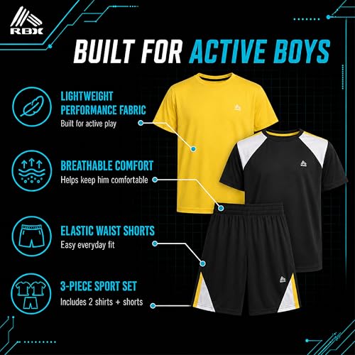 Image of RBX Boys Short Sets - 3 Piece Active Performance Short Sleeve Athletic Shirts and Gym Shorts With Elastic Waistband (4-12)