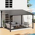 Aoxun 10' x 12' Lean to Gazebo, Hardtop Outdoor Pergola with Sloping Galvanized Steel Roof, Large Wall-Mounted Heavy Duty Awnings for Patio, Backyard, Deck, Porch (Black)