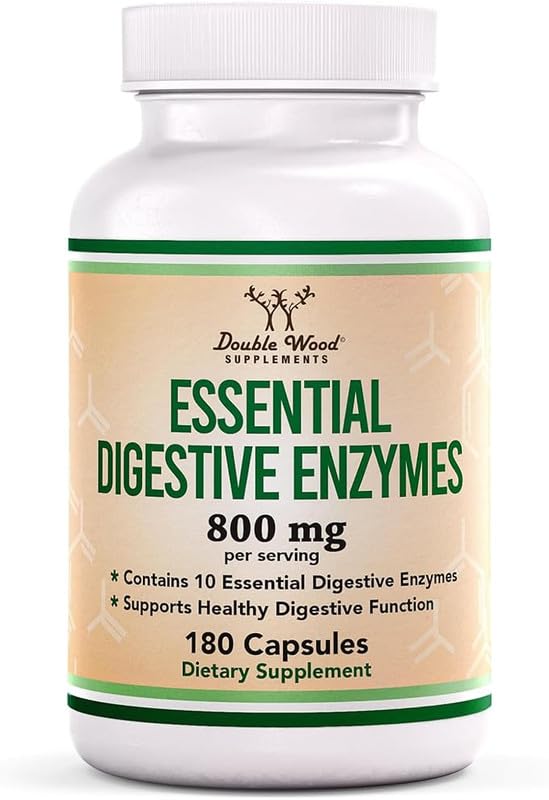 Digestive Enzymes - 800mg Blend of All 10 Most Essential Digestive and Pancreatic Enzymes (Amylase, Lipase, Bromelain, Lactase, Papain, Protease, Cellulase, Maltase, Invertase) by Double Wood | High Strength Herbal Supplement | Clean Label Ayurvedic Wellness