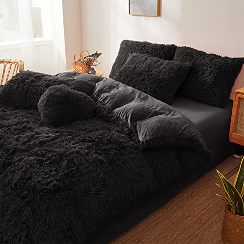 Black Fur Comforter Cover Set Queen - Ultra Soft Fluffy Plush Black Bedding Sets 3 Pieces (1 Faux Fur Duvet Cover + 2 Faux Fur Pillow Case) Black Fluffy Bed Sets (Black, Queen) #TOP3