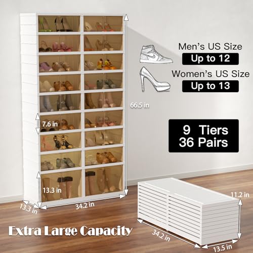 Image of 9-Tier Portable Shoe Rack Organizer for Closet, 36 Pairs Shoe Container Bins, Clear Plastic Collapsible Shoes Storage Box, Stackable Sneaker Storage Shoe Cabinet with Door