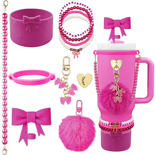 Hpebl 11PCS Fuchsia of Stanley Cup Accessories 30/40 OZ Water Bottle Tumbler Accessories Set Pearl Bow Charm for Stanley Decorations Including Bow Straw Topper, Pom Pom Keychain, Silicone Tumbler Boot - image 1