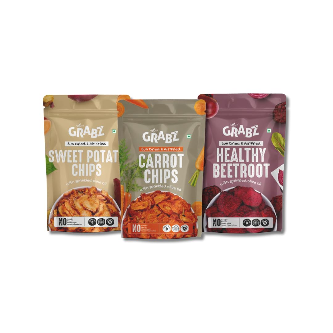 GRABZ Healthy Sweet Potato, Carrot And Beetroot Chips | Healthy Snack| Gluten-Free | Oil-Free | No Added Preservatives | Air-Cooked | Snack for Kids, Tiffin and Travel Friendly | 20g Each (Pack of 3)