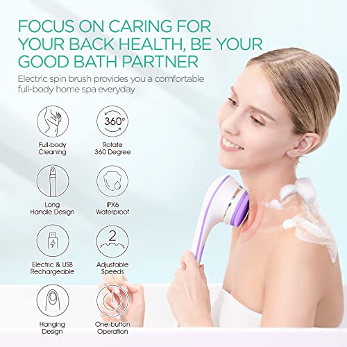 VOYOR Electric Body Brush Back Scrubber Body Exfoliator Shower Brush with Long Handle Rechargeable USB Charging Deep Cleansing Exfoliating Scrubber Soft Silicone Waterproof Bath Brush BC100 (Purple) - Image 2