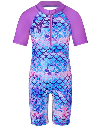 Image of TFJH E Short Sleeve Girls Swimsuits UV 50+ One Pieces Zipper 2-14Y | From beach vacations and pool parties to cruises and water parks, this colorful floral swimsuit is her summer favorite