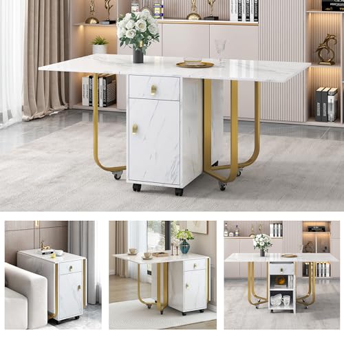 Image of Merax Folding Dining table 43-150x80x76cm, Extendable Kitchen Table with cupboard and 2 drawers, marble Dining Table with Locking Wheels, for Home & Office, white/gold