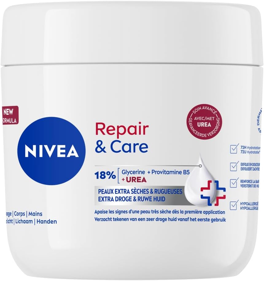 NIVEA Repair & Care – Crème Corps, Visage & Mains – Hydratation 72H – Exfolie en douceur – Protège la barrière cutanée – Glycérine, Provitamine B5 & Urée – Peau Extra Sèche & Rugueuse – 400 ml