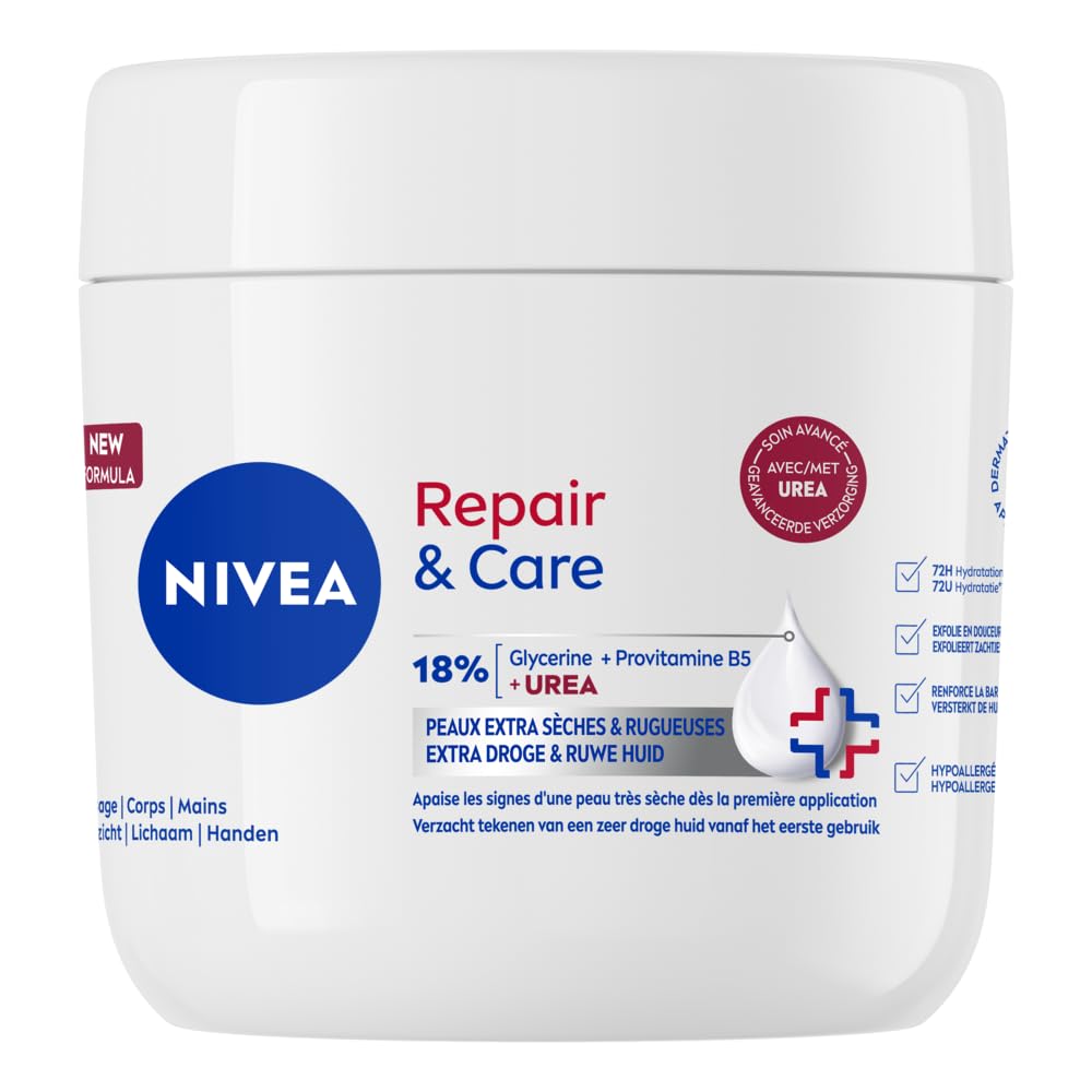 NIVEA Repair & Care - Crème Corps, Visage & Mains - Hydratation 72H - Exfolie En Douceur - Protège La Barrière Cutanée - Glycérine, Provitamine B5 & Urée - Peaux Extra-​Sèches & Rugueuses - 400 ml