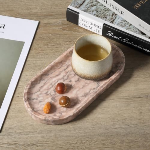 Image of Koville Natural Marble Decorative Tray Stone Plate, 10 inch x 5 inch Marble Vanity Tray for Bathroom Countertop Organizer Stone Trays, Catchall Tray for Perfume, Candles, Jewelry (Moca Jade)