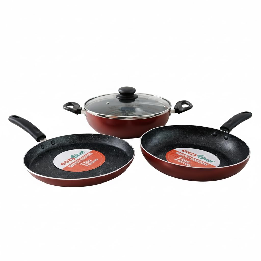 4-Piece Non-Stick Cookware Set | Bakelite Handles & Glass Lid – PFOA-Free Aluminium Kadai, Tawa, Frypan & Lid