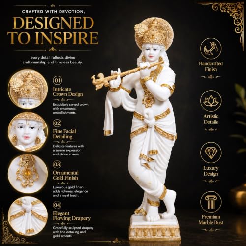 Image of ARMONIA Lord Krishna Idol Marble Dust Statue Murti |Krishana Sculpture for Home Decor,Pooja ghar,Mandir & Gifting Item |Best Gift for Wedding & Housewarming(25 inch,White) (Include Microfiber Cloth)