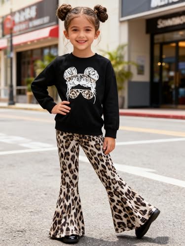 Image of Toddler Girl Clothes Long Sleeve Cartoon & Letter Graphic Top + Fruit Stationery Print Flared Leg Pants