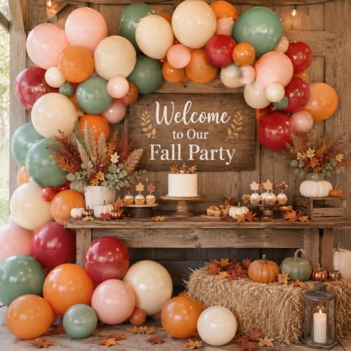 Image of HILAVO Fall Balloons Terracotta Burnt Dark Orange Brown Tan Coffee Sage Green Burgundy Sand White Dusty Pink Thanksgiving Party Balloon for Pumpkin Fall Birthday Baby Shower Autumn Wedding Party Decor