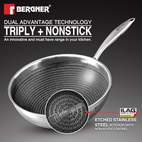 Image of BERGNER Hi-Tech Giro Triply Stainless Steel 16cm Frypan, Honeycomb Mesh Non-Stick Coating, PFOA Free, Consumes Less Oil, Healthy Cooking, Even Heat Distribution - Induction and Gas Stove Ready