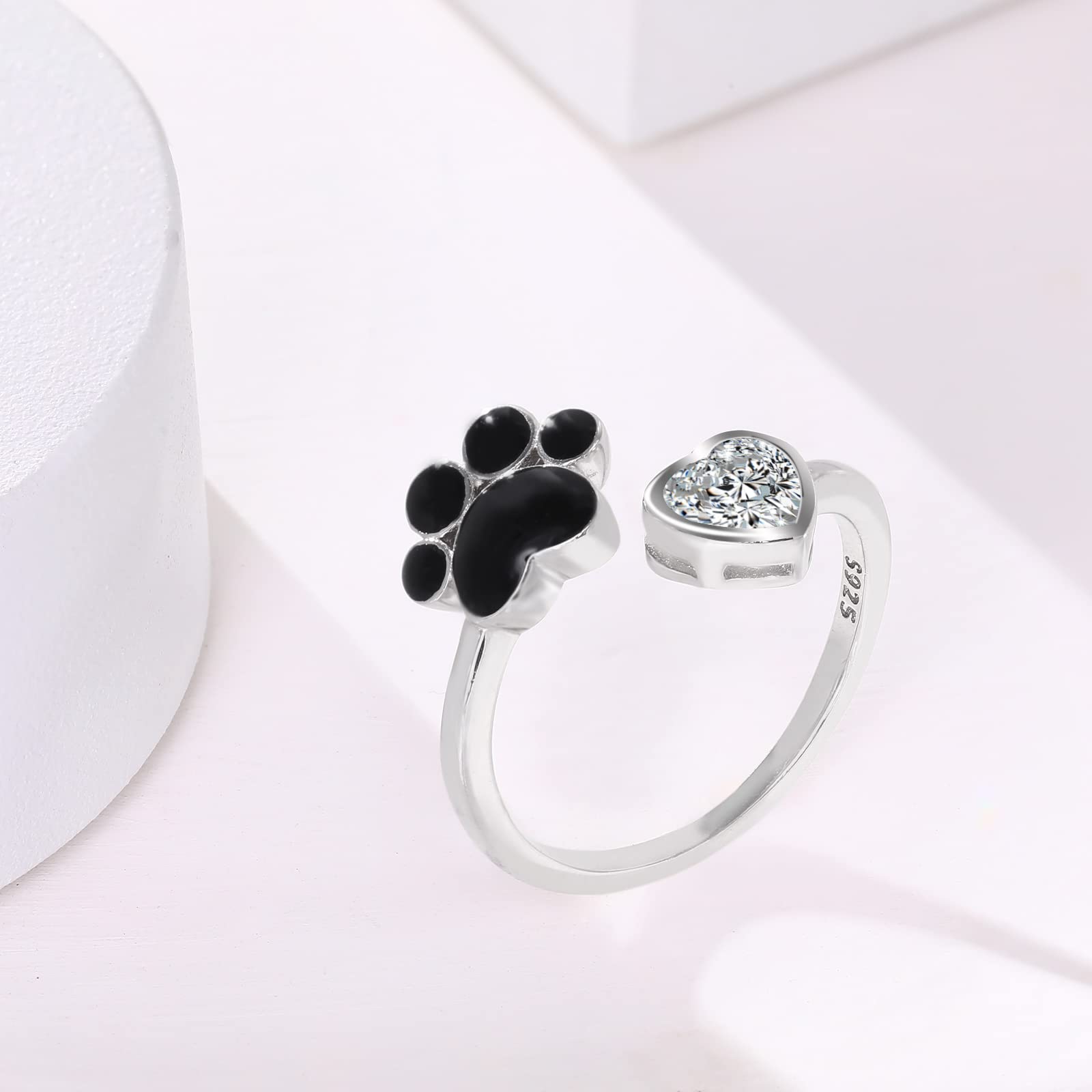 Qings Anillos de Huella de Perro y Gato Mujer Anillo Ajustable de Huellas de Mascota Plata de Ley 925 Anillas Corazón con Zirconia Cúbica CZ, Anilla Animal Apertura, JoyerÍA Regalo para Niñas