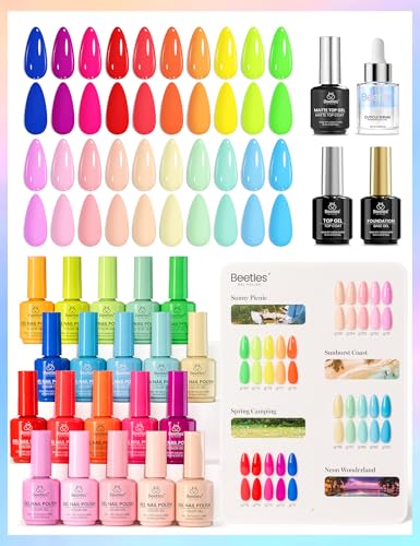 Image of Beetles Summer Gel Polish Set - Candy Electric Collection, 20 Colors 15ML Full Size Neon Pink Green Blue Red Bright Colors Gel Set 4th of July Nails with Base Top Coat UV LED Lamp Salon DIY Nails
