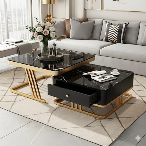Image of Handmade Drawer Square 20 inchx20 inch Coffee Table /Nesting Table /Side Table /Center Table with Marble Finish Top for Living Room /Drawing Room (Black & Gold)