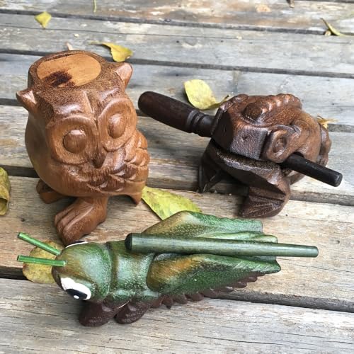 Cozinest Wooden Percussion Frog, Cricket and Owl Set 3 Musical Instrument Products From Thailand Home Office Decoration Nice Gift (Medium) - Thumbnail 2