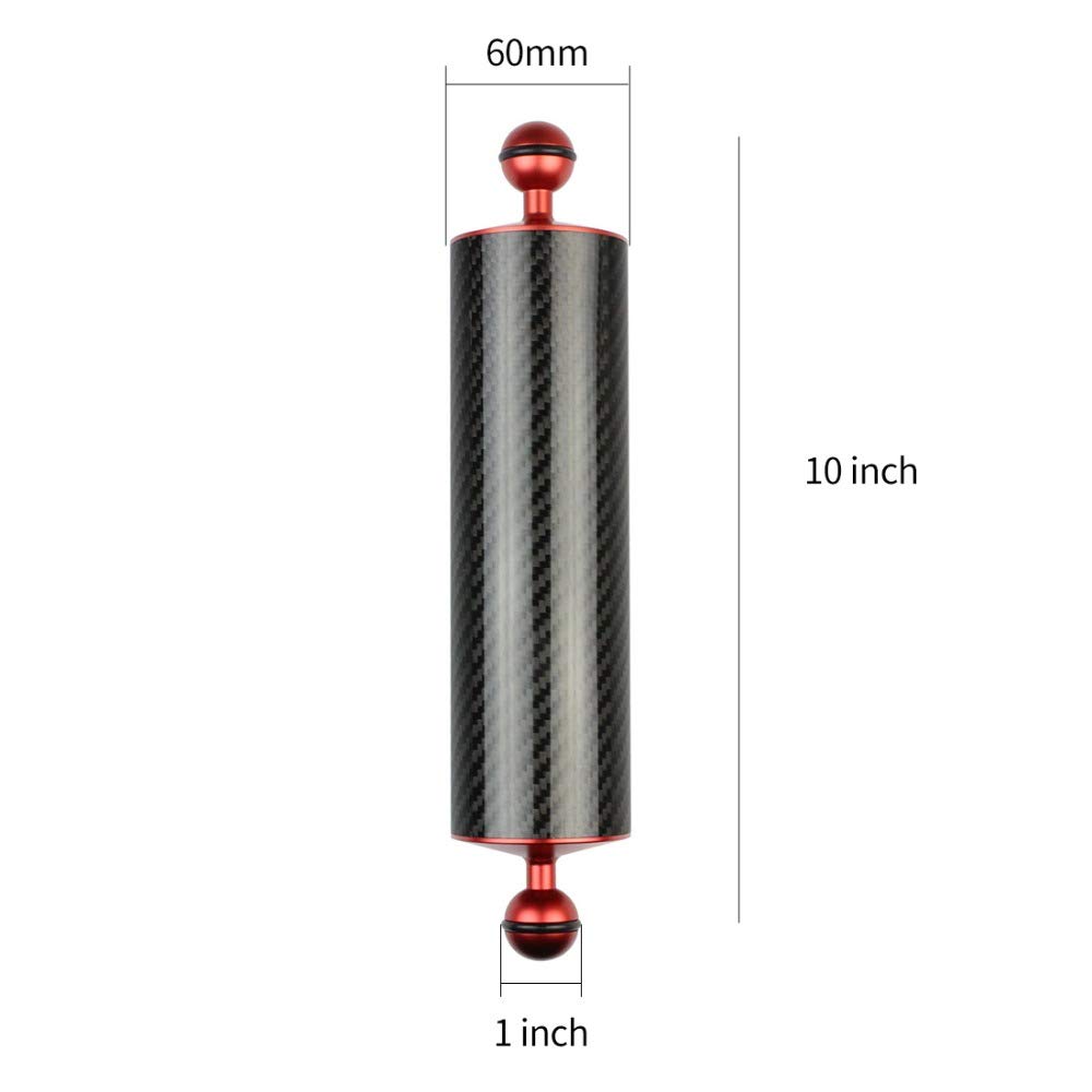 Fiber de Carbone Bras de Lampe à Main 1 Pouce Double rotule D60mm 10/12 Pouces flottabilité 447g/550g plongée sous-Marine Photographie Version améliorée (10inch Red)