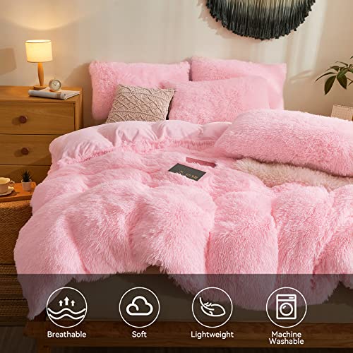 Soft Faux Fur Pink Comforter ，Down Alternative Fur Comforter 3Pcs Set（1 Plush Comforter +2 Furry Pillow Cases Luxury Modern All Season Microfiber Fill Duvet Insert Bedding (Pink , Queen) #TOP2