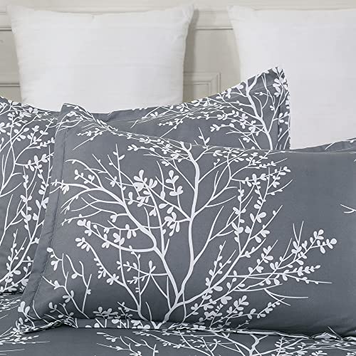 Vaulia Soft Microfiber Floral Duvet Cover Set, Modern Bedding Set, Branches Pattern White/ Grey Color Reversible Design 3-Piece ( 1 King Duvet Cover 2 Pillow Shams ) #TOP3