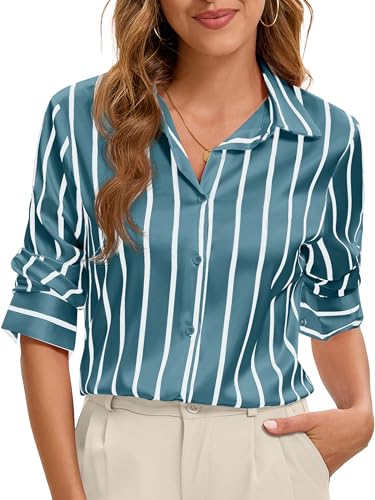 Image of Premium Soft Breathable Stretch Satin Silk Button Down Shirts for Women Long Sleeve Leopard Blouses Work Dress Tops