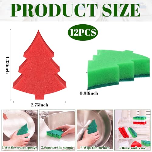 Image of Tioncy 12 Pack Kitchen Sponges Bulk Dual Sided Scrubber Sponges Dishwashing Kitchen Cleaning Accessories for Household Supplies(Christmas Tree, Red, Green, White)