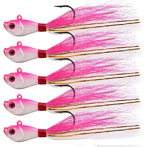 Bucktail Jigs Saltwater Fishing Lures 5pcs Premium Bucktail Hair Jigs Head Saltwater Striper Lures for Bass Flounder Bluefish Halibut Redfish Surf Fishing 1/4oz 1/2oz 1oz 1.5oz 2oz