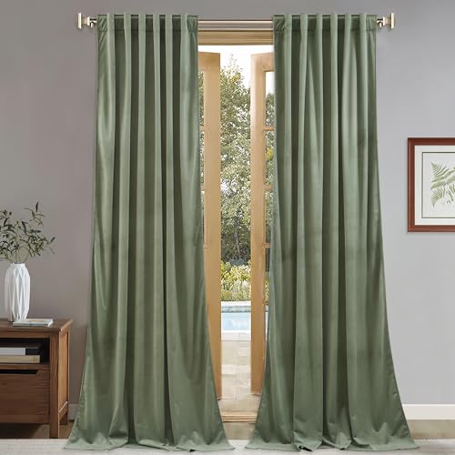 Image of StangH Sage Green Velvet Curtains 102 Inches Long for High Ceilings, Heavyweight Plush Drapes for Master Suite, Soundproof Privacy Window Panels, W52 x L102, 2 Panels