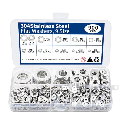 900 PCS Washer Kit, 9 Sizes M2, M2.5, M3, M4, M5, M6, M8, M10, M 12, Durable Stainless Steel Flat Washer for DIY, Home Repair, Woodworking and Automotive