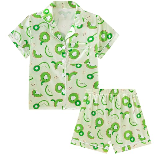 DIPUG Girls Pajamas Satin Girl Pjs Kids Pajama Sleepwear Short Sleeve(Green Fruit)
